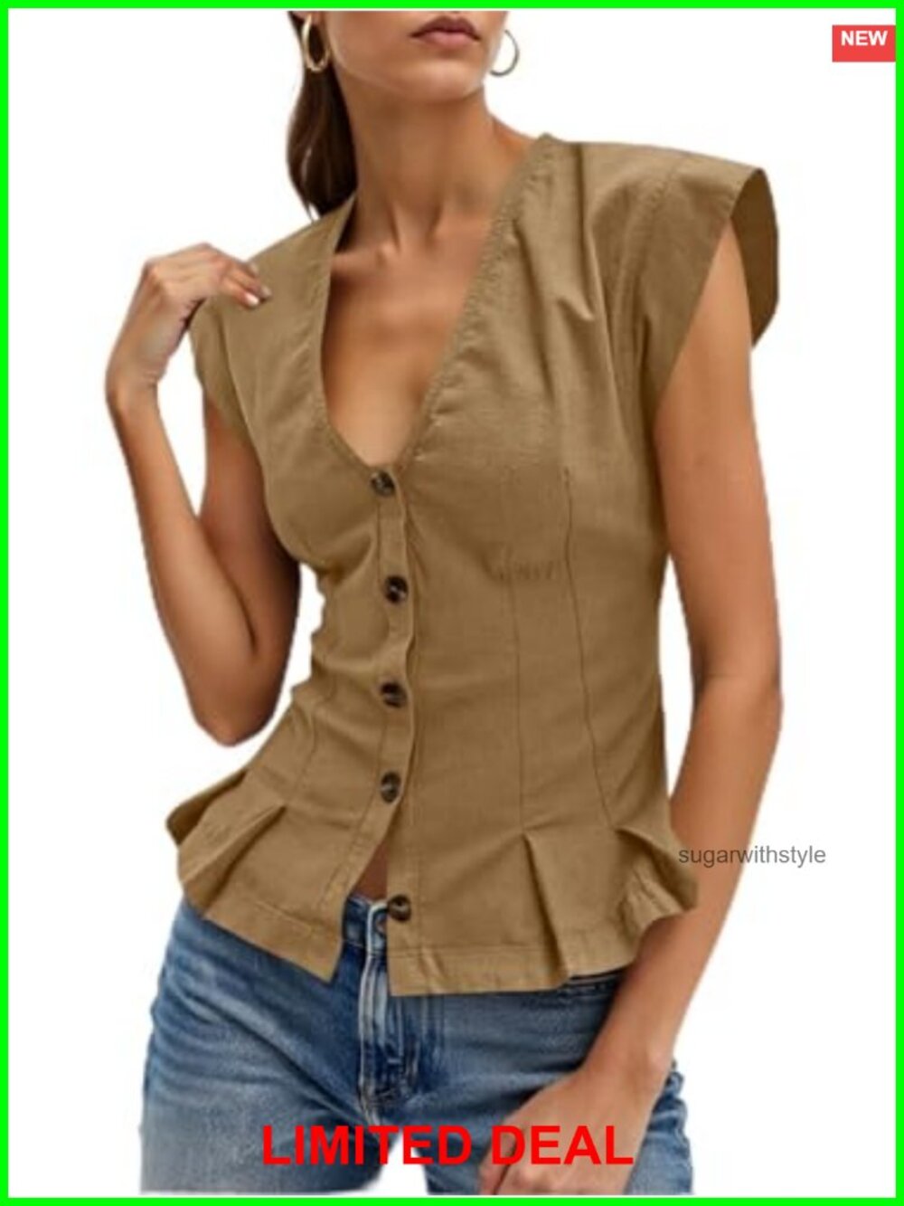 V Neck Cotton Cropped Ruffle Button Up Blouse Cap Sleeve Top